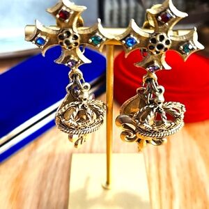 French Etruscan Gold Brushed Tone Runway Cross Dangle Earrings